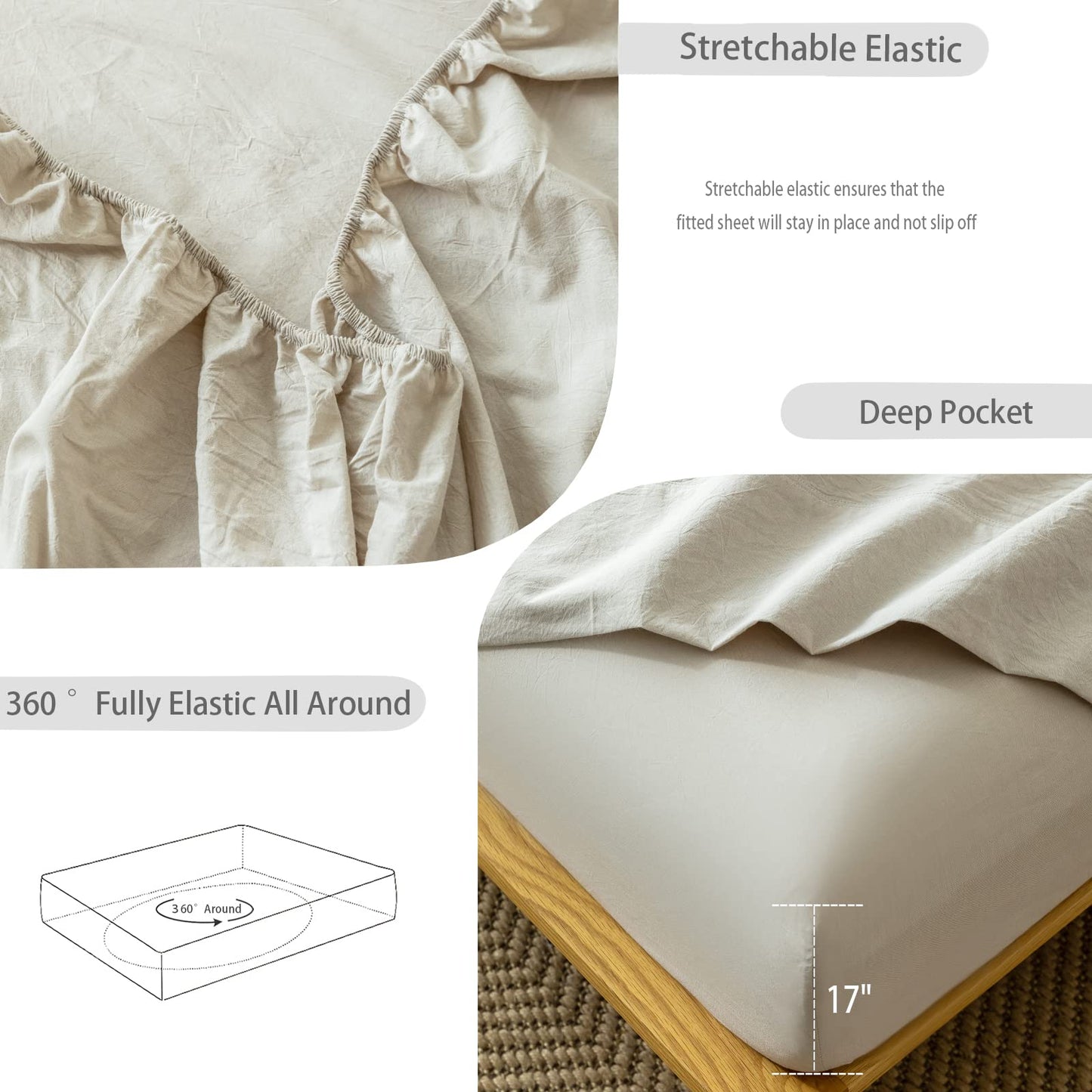 MooMee Fitted Bottom Sheet Only 100% Washed Cotton Linen Like Textured Breathable Durable Soft Comfy Deep Pocket Fits Mattress up to 17" (Cream Grey, Queen)