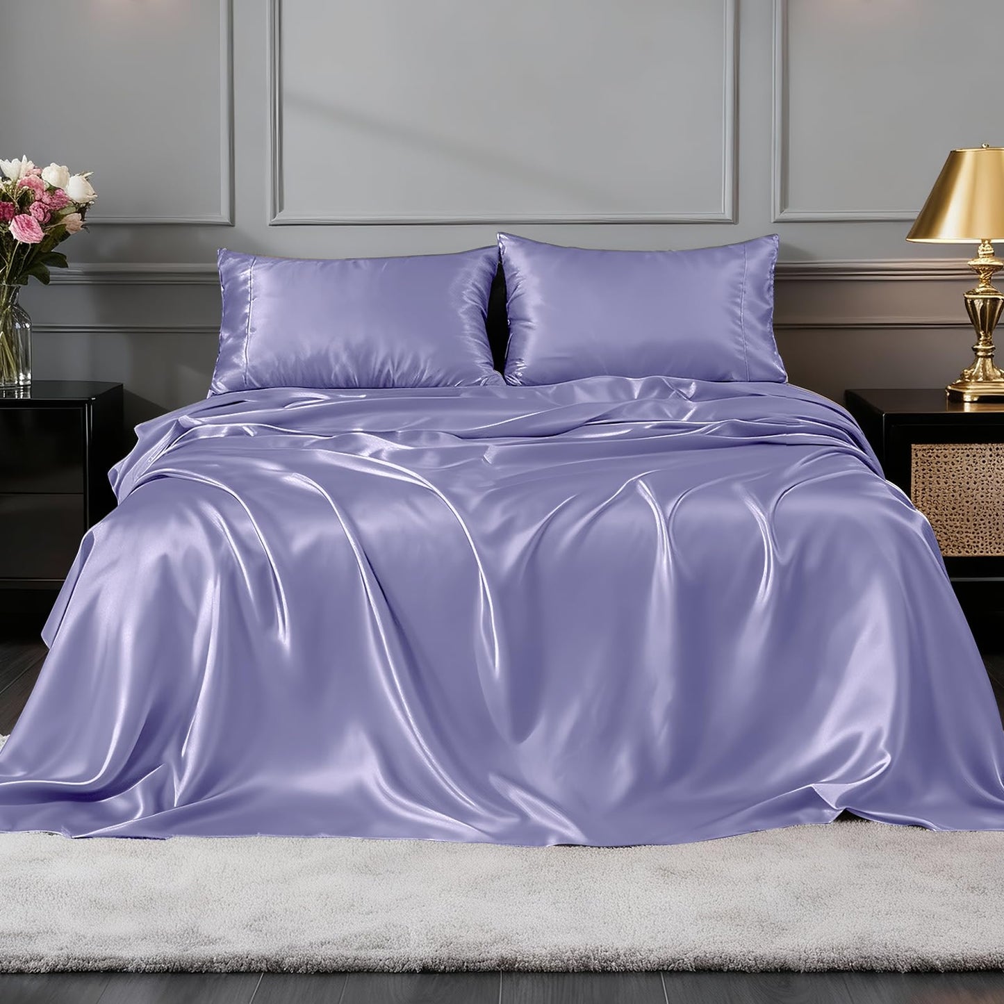 FreshCulture Satin Sheets Full Size - 4 Piece Luxury Soft Silky Full Size Bed Sheets, Similar to Silk Bed Sheet Set with 1 Deep Pocket Fitted Sheet, 1 Flat Sheet & 2 Pillowcases (Lavender)