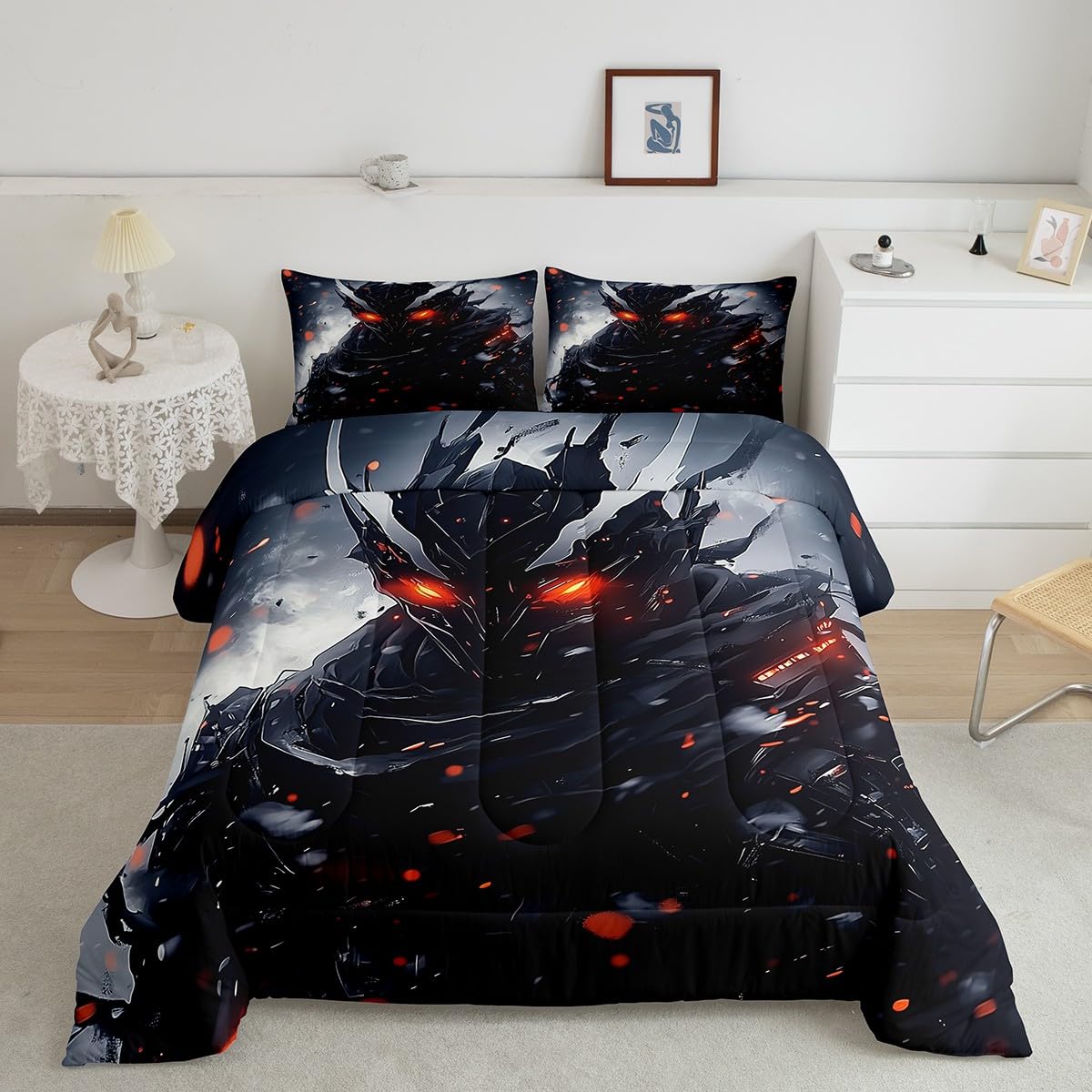 7-Piece 3D Samurai Bedding Comforter Sets for Boys Men Japanese Style Bed in a Bag, Black and Grey Full Bedding Sets Anime Theme Comforter Set, Gray Ombre Tie Dye Watercolor Bedding Sets & Collections