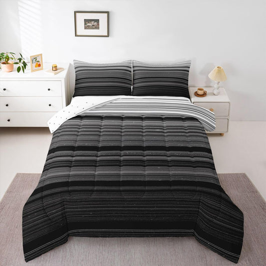 jejeloiu Geometric Comforter Set for Kids King Size Color Block Stripe Black White Grey Stripes Lines Comforter Room Decorative Modern Art Bedding Set Duvet Set