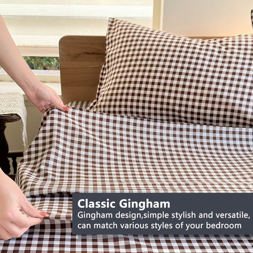 NSNLGSGC Mocha Gingham Full Sheet Set, Coffee Soft Brushed Microfiber Plaid Full Bed Sheets, 4-Pieces Grid Sheet Set with Deep Pocket