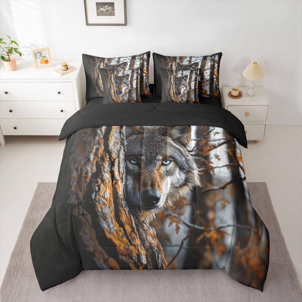 Feelyou Wolf Comforter Set with Sheets 7 Piece Queen Size Wolves Howling Bed in a Bag Kids Boys Girls Western Farmhouse Bedding Set Wild Animal Bedroom Decor Breathable Soft Microfiber