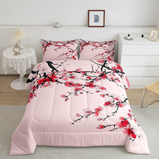 Feelyou Pink Cherry Blossoms Bedding Set for Kids Boys Girls Queen Size Sakura Flower Comforter Set Ultra Soft Japanese Style Comforter Floral Botanical Duvet Quilt Bedroom Decor Spring Quilt