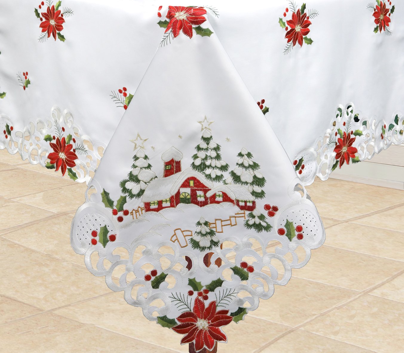 Creative Linens Holiday Christmas Tablecloth 70x104 with 12 Napkins Embroidered Red Poinsettia Christmas Tree Snowy Cabin Table Linen Rectangular White