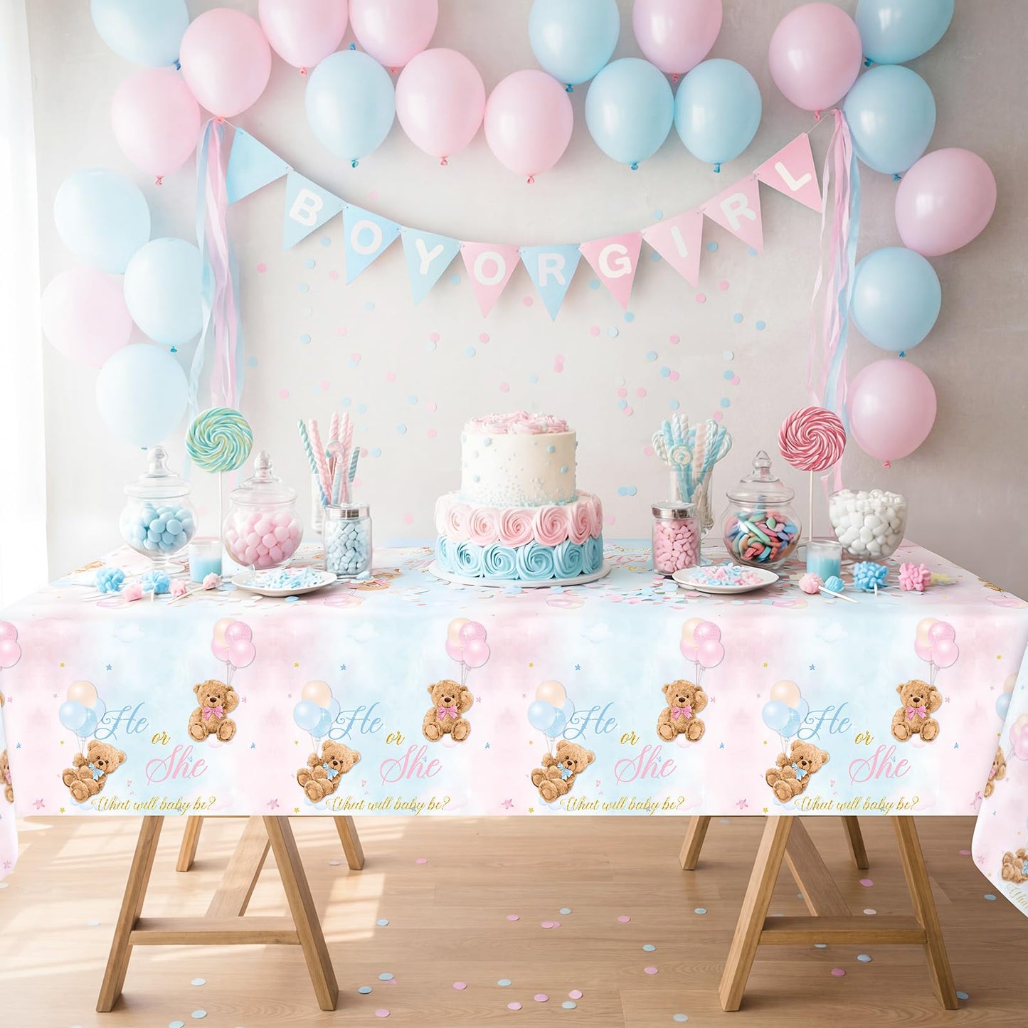 Tiamon 3pcs Bear Gender Reveal Tablecloths Decorations He or She Gender Reveal Table Covers Pink and Blue Rectangle Plastic Bear Baby Shower Table Cloths Party Decorations Supplies, 54 x 108 Inch