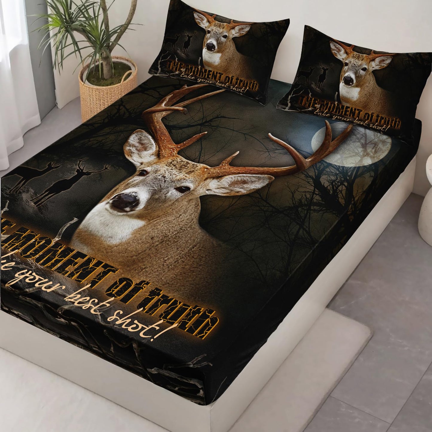 HOSIMA Deer Fitted Sheet Forest Hunting Bedding Sets for Teen Boys Mens Bedroom Essentials,Wildlife Animal Deer Bedding Set Western Twin Bed in a Bag Set for Adults with 2 Pillowcases.