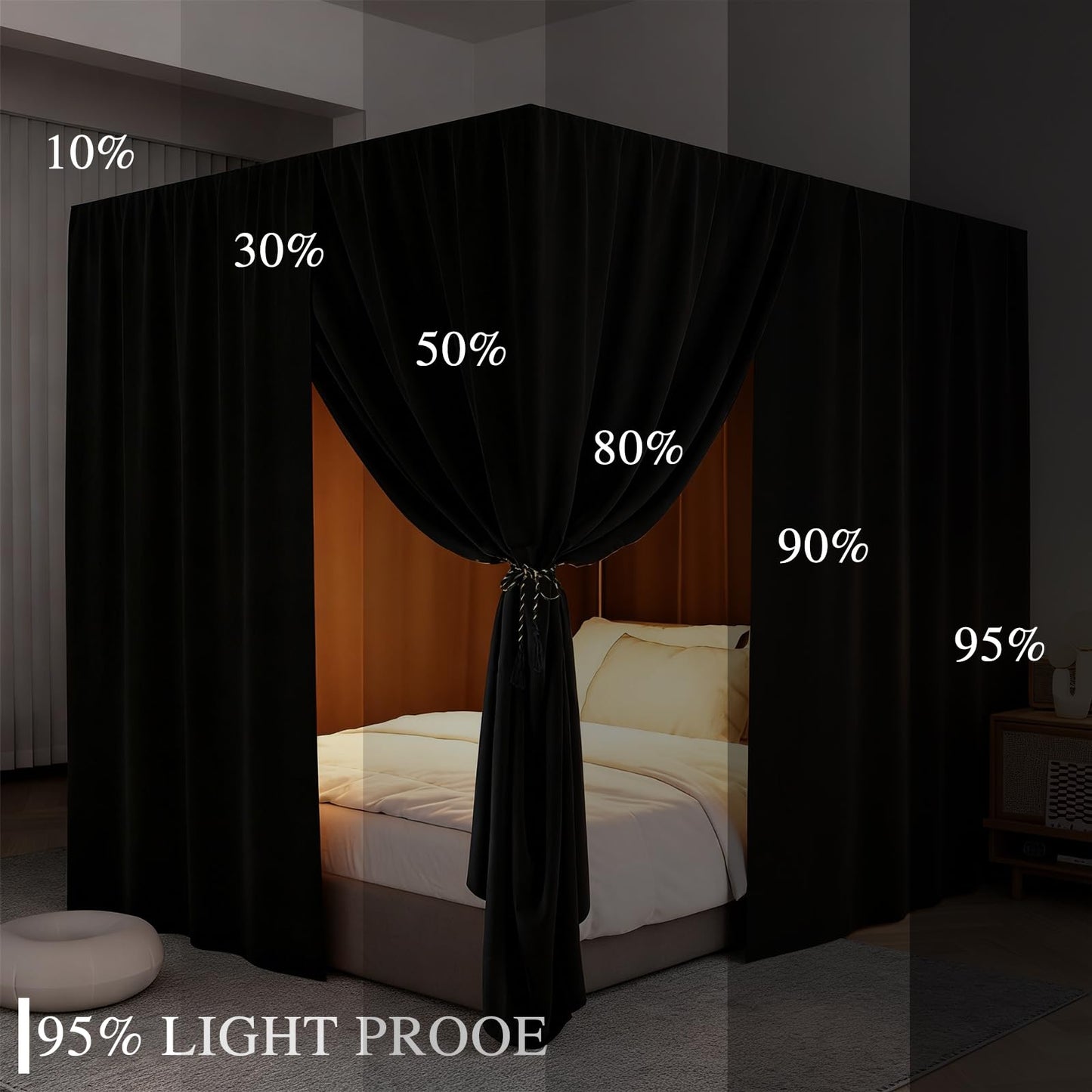 YRDKB Black Canopy Bed Curtains - 4 Corner Post Bed Curtains King Lightproof Siamesed Drapes Bed Canopy for Adults & Girls Bedroom Decoration(Black,King)