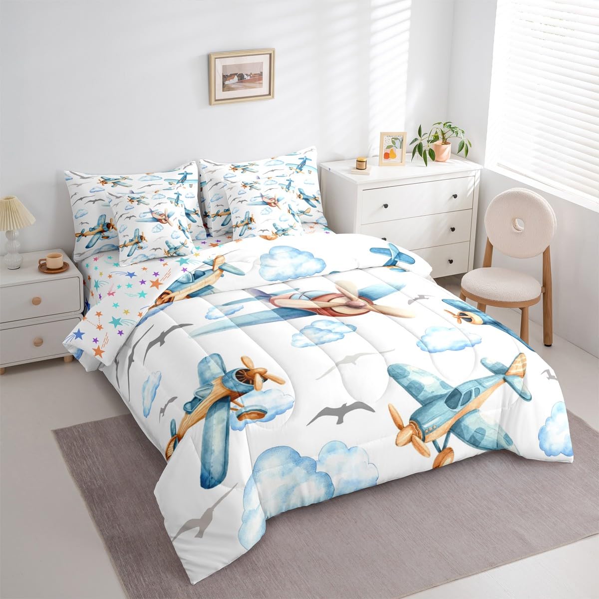 Erosebridal Boys Cartoon Propeller Plane Twin 7 Pcs Bedding Set, Aircraft Airplane Comforter Set with Sheets, Blue Clouds Bed in A Bag for Kids Girls Adults Bedroom, Flying Birds Animals Bed Sets