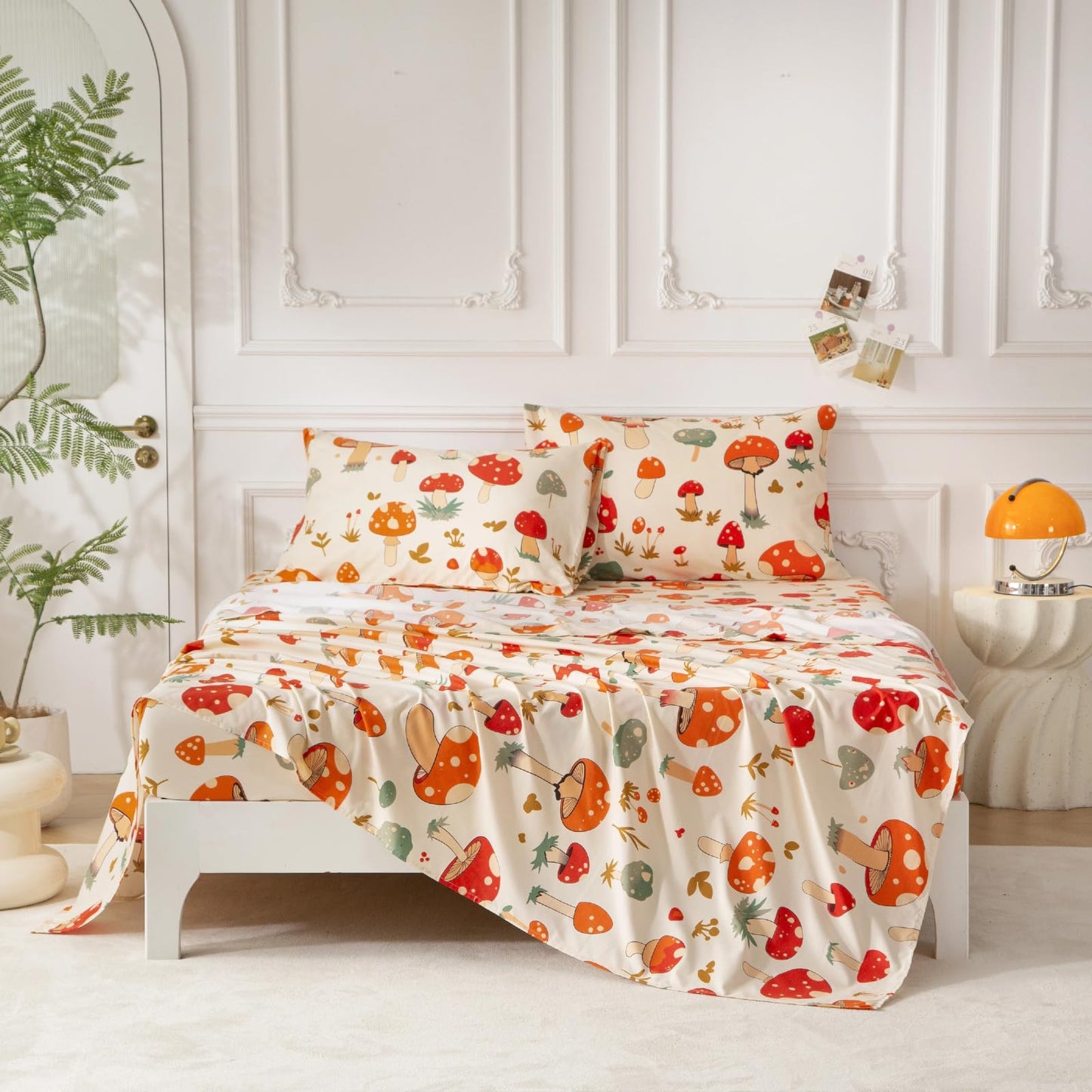 SDY 4 Pieces Mushroom Sheet Set Full Size,Cute Sheets with Mushrooms for Boys, Girls, Kids and Toddler,Bed in A Bag Packaged with 1 FittedSheet+ 1 Top FlatSheet + 2 Pillowcases