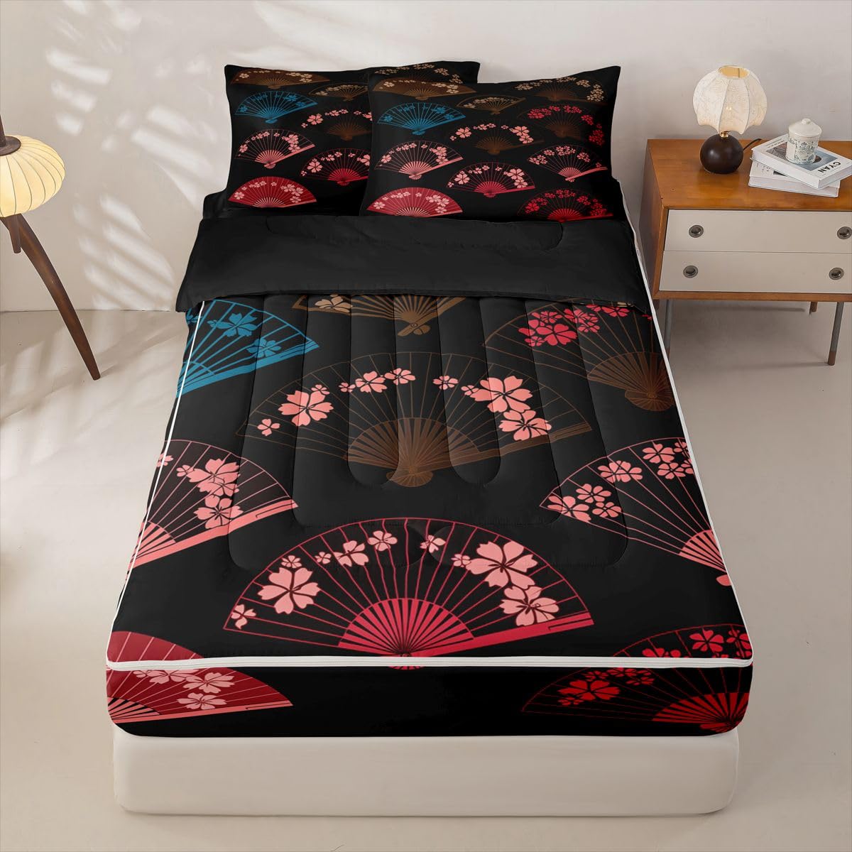 Erosebridal Japanese Kids Comforter Set with Zipper, Japanese Fan Twin Size Zipper Bedding Set, Colorful Japan Style Fans Bed-in-A-Bag