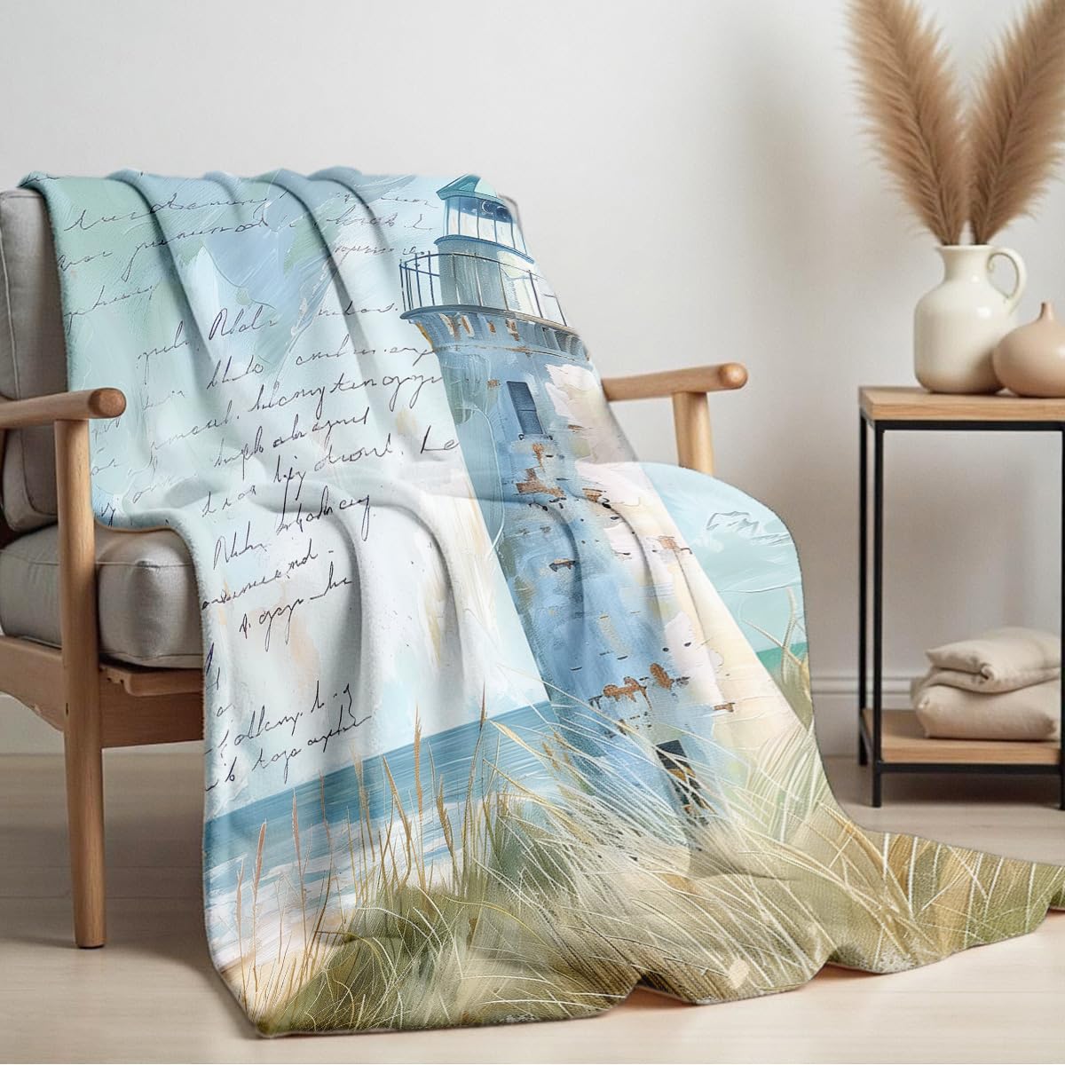 HUNXIAOJ Lighthouse Print Throw Blanket Coastal Flannel Blanket for Couch Bed Nautical Lighthouse Throw Soft Bedding Beach Bedroom Decor Gifts (49"x59")