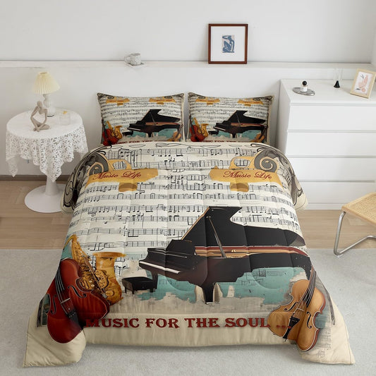 Musical Notes Piano Comforter Set Queen Size,Violin Print Bedding Set Rock Roll Music Themed Quilt Set Kids Boys Girls Adults Room Decor,Vintage Old Newspaper Hippie Music Duvet Insert,2 Pillowcases