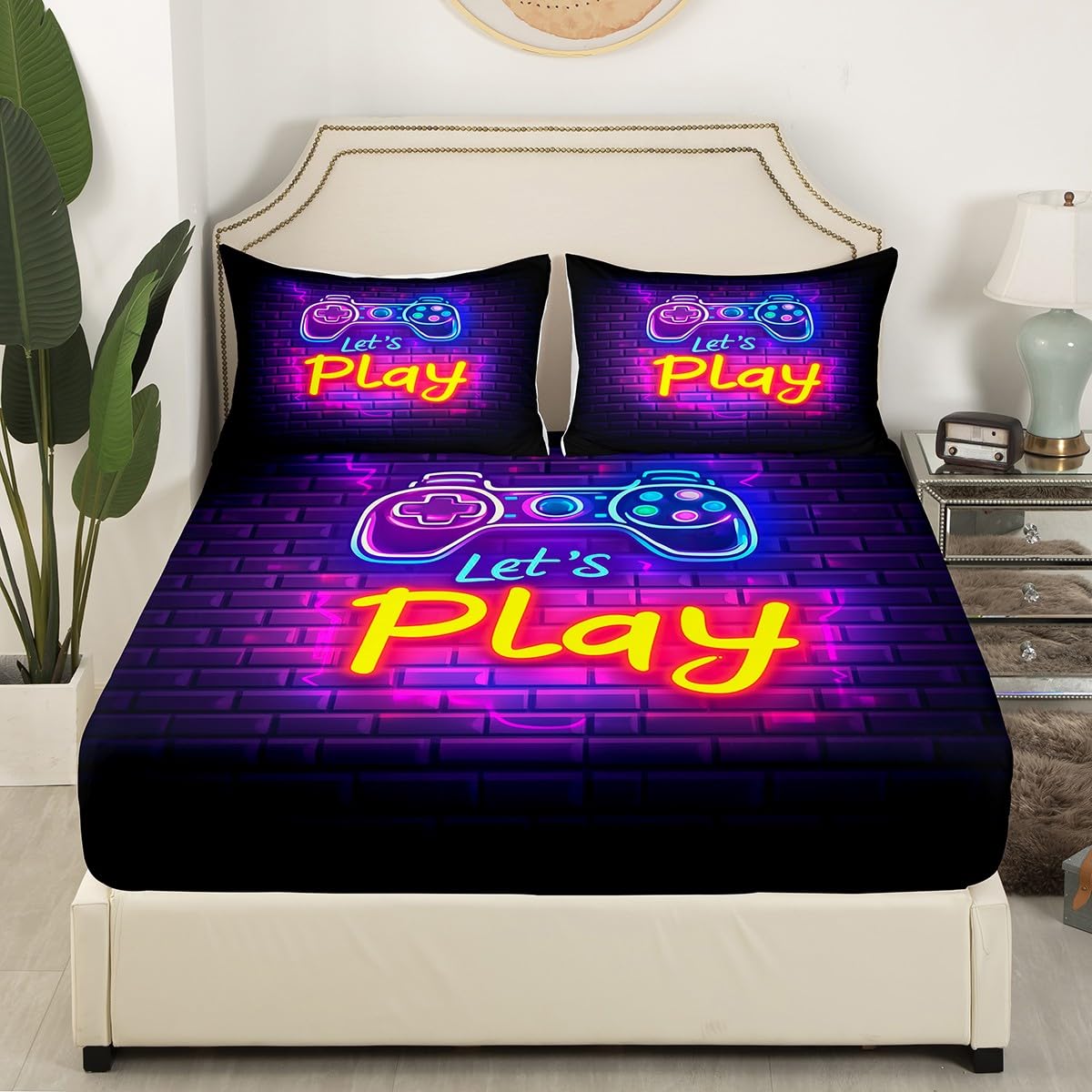 Gaming Gamer Bed Sheets Set - Full Size Video Game Sheets with Gamepad Design - Fitted Sheet, Flat Sheet & 2 Pillow Shams - Abstract Neon Style - Deep Pocket - Geometric Brick Wall Pattern