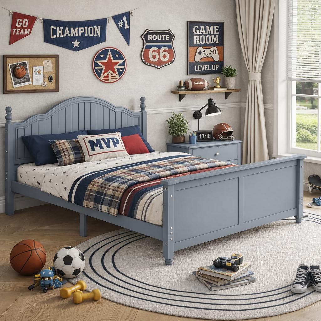 OYUMOENTS Full Size Bed Frame Kids, Low Profile Kids Full Size Bed Frame with Headboard and Footboard, Wood Platform Beds with Rails for Boys & Gilrs, No Spring Box Required, No Squeaks, Gray