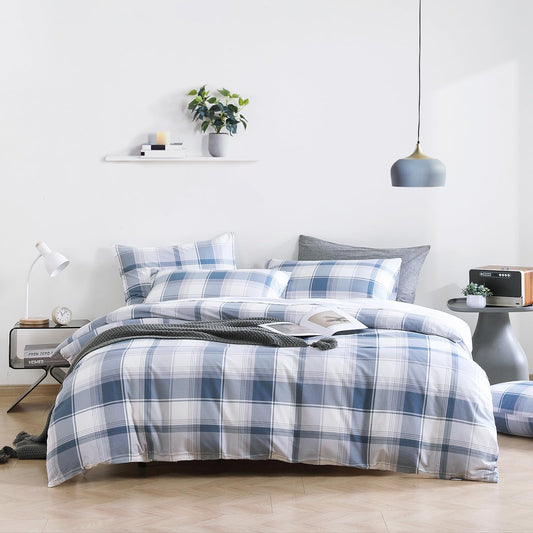 LEMIROE Vintage Cotton Comforter King Size 3Pcs - Classic Tartan Plaid Pattern with Denim Blue, Soft Gray and White, Lightweight Bedding Sets with Soft Fill(1 Comfoter 104"×90", 2 Pillowcases)