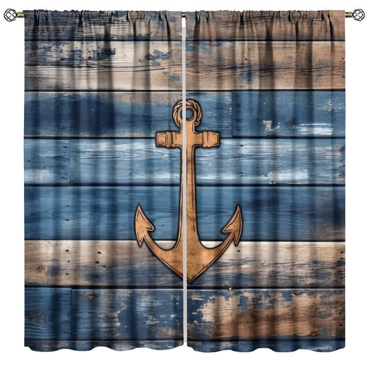 Nanacur Nautical Anchor Curtains, Vintage Ocean Beach Coasta Ship Anchor Rustic Farmhouse Wooden Board Print Window Treatments for Bedroom Living Room Decor 41" W X 45" L (No Blackout)