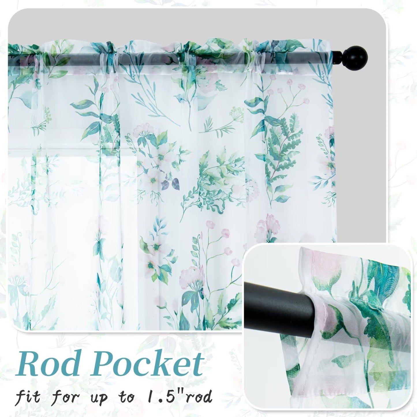 youleyar Floral Sheer Curtains for Living Room 84 Inches Long 2 Panels White Semi-Sheer Curtain with Pink Floral Printed Pattern Summer/Spring Rod Pocket Voile Drapes for Bedroom, 52" W x 84" L