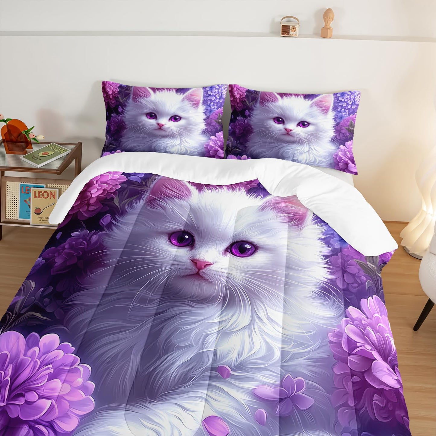 HOSIMA Cat Twin Bedding Sets for Girls Room Decor,Cat Surrounded by Flowers Print Lightweight Cute Comforter,Fluffy Animal Themed Princess Bedding for Kids Teens with 2 Pillowcases.