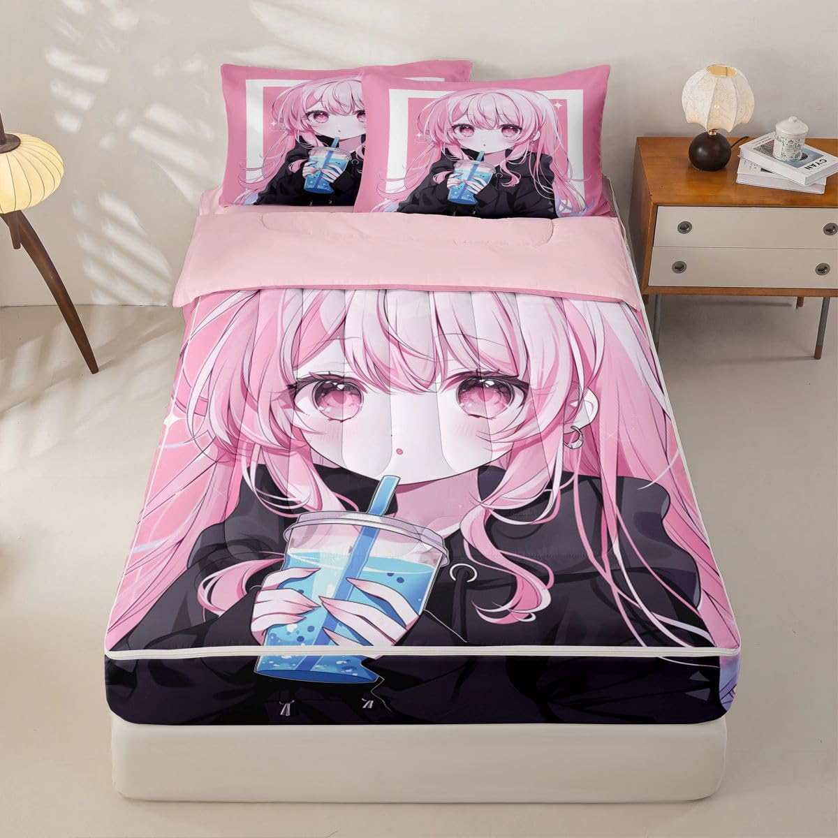 Erosebridal Kawaii Japanese Style Kids Comforter Set with Zipper, Anime Girl Drinking Milk Tea Twin Size Zipper Bedding Set, Japanese Animation Bed-in-A-Bag