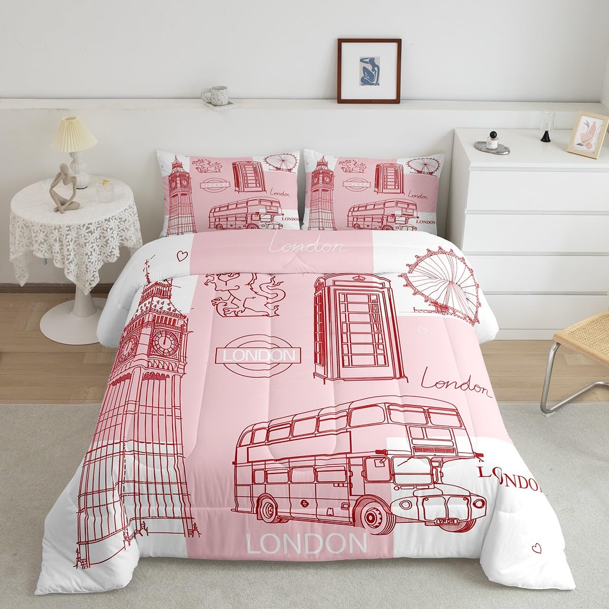 London Kids Comforter Set Queen Size,Telephone Booth Big Ben Bus Hand Painted Bedding Set,Boys Girls Adults Room Decor,Famous Urban Architecture Down Comforter,Romantic Duvet Insert,2 Pillowcases