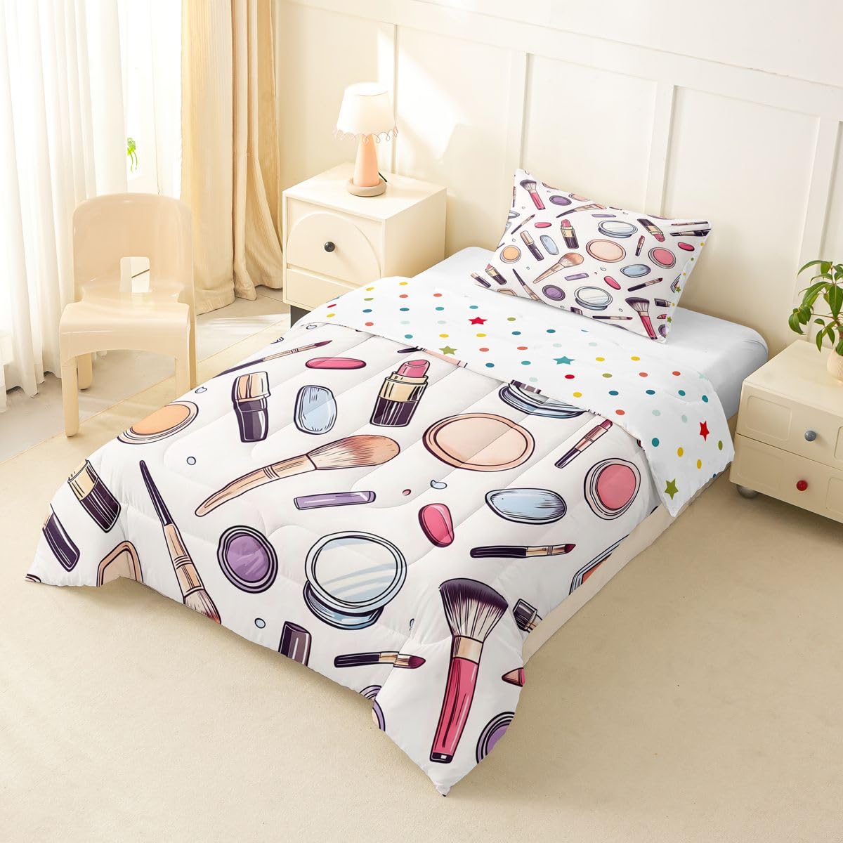 Erosebridal Cosmetics Perfumes Comforter Set Fashion Girl Twin Bedding Sets for Girls Kids Teens Child Makeup Pattern Comforter Nail Polish Decorative Quilt
