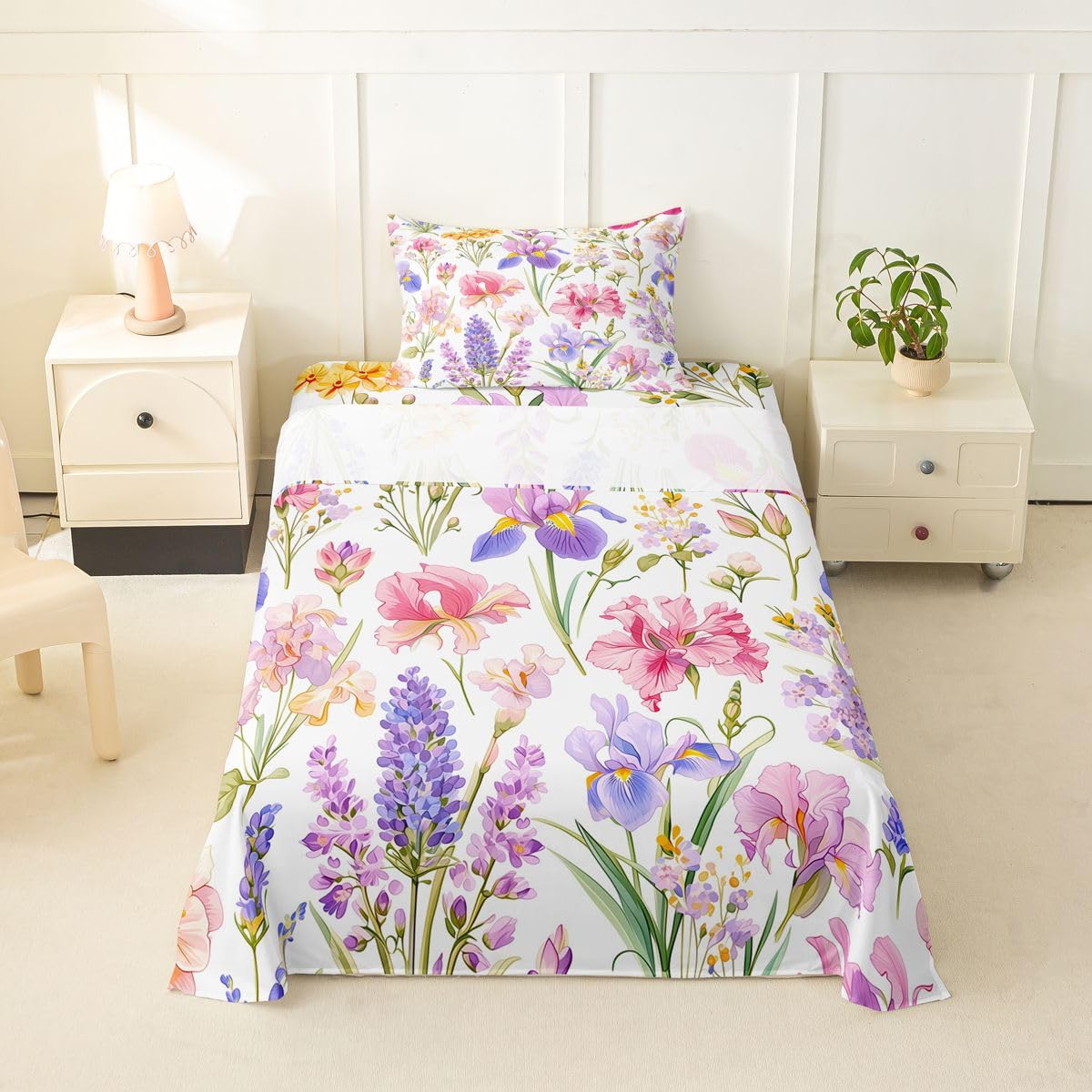 Erosebridal Pink Floral Bed Sheets Set Twin Colorful Plants Sheet Set Garden Style Flower Sheets Rustic Farmhouse Flat Fitted Sheet