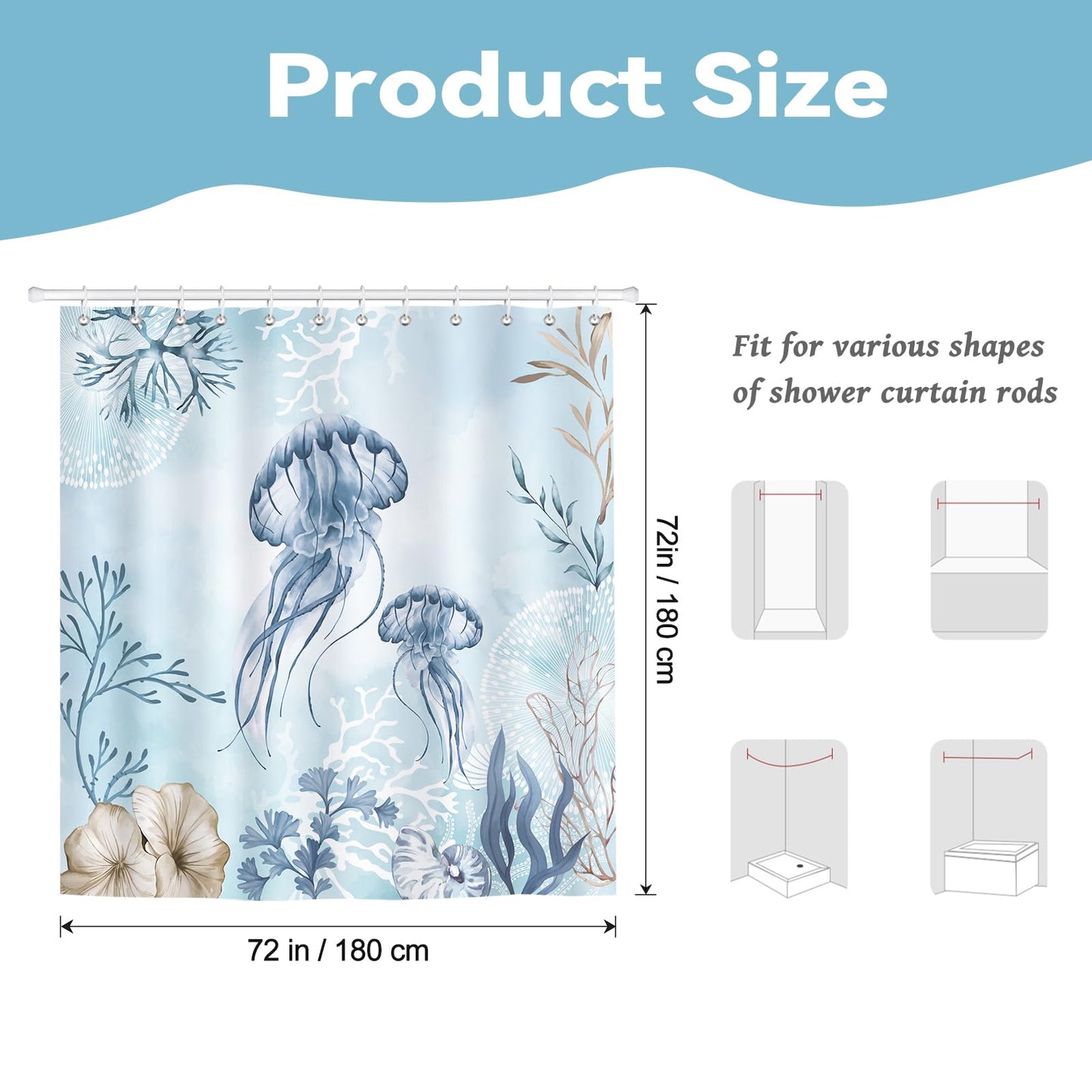 Hopomoon Jellyfish Shower Curtain,Teal Blue Coastal Shells Watercolor Ocean Theme Bathroom Curtain 72x72 Inch,Waterproof Polyester Fabric Summer Bathroom Decor with 12 Hooks