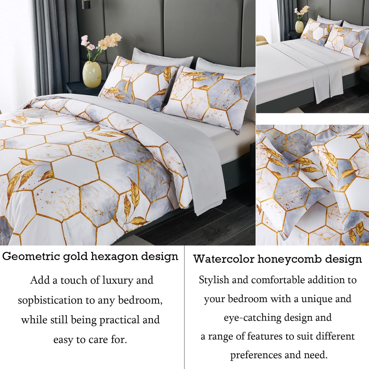ANGIYUIN 7 Pieces White Gold Comforter Set Full Geometric Foil Print Bed Set Marble Hexagon Bedding Sets Ultra Soft Honeycomb Bed in A Bag for All Season (White Full)