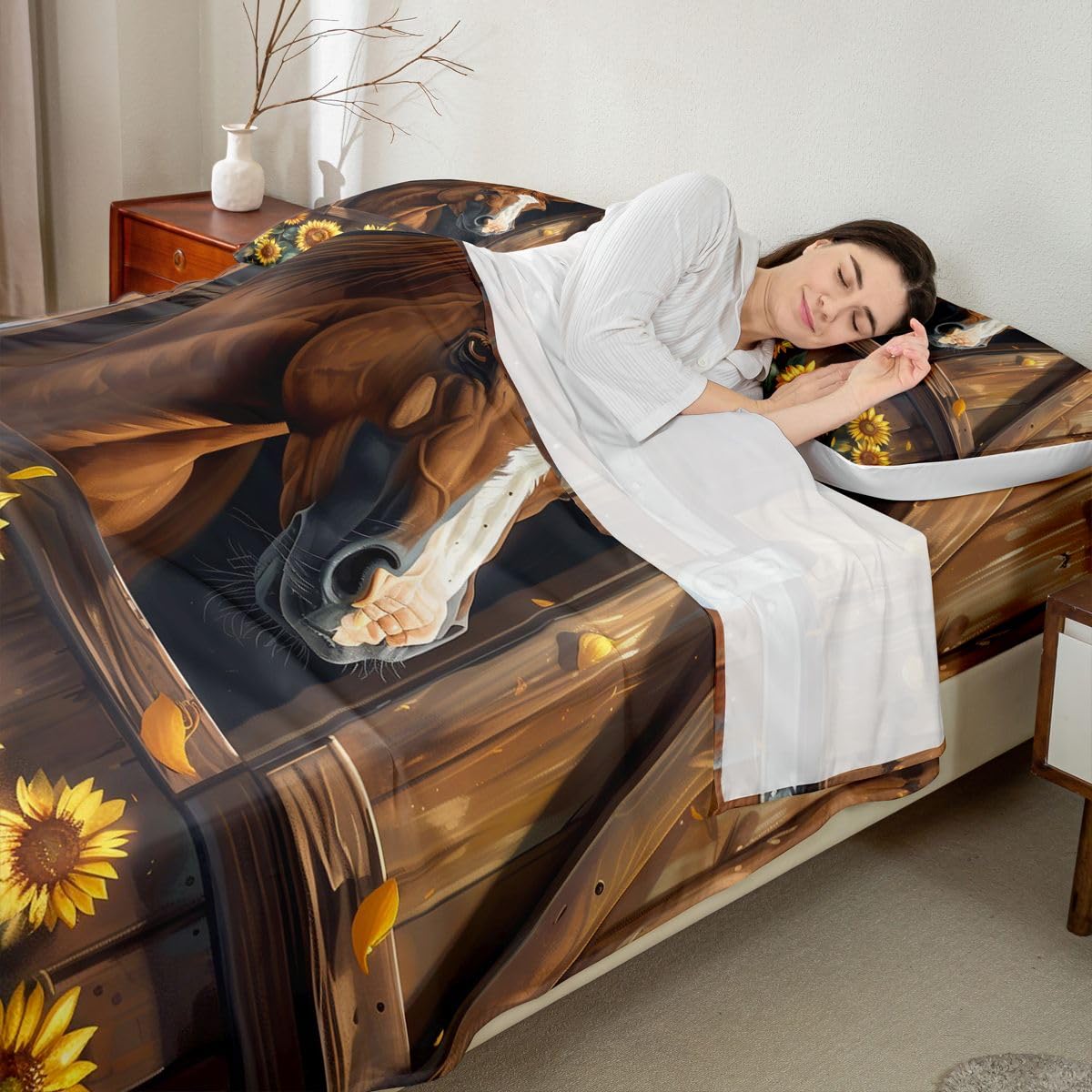 jejeloiu Farm Horse Bed Sheets Set Queen Size Brown Wood Grain Print Bed Set for Kids Boys Girls Sunflower Animal Deep Pocket Fitted Sheet Country Farmhouse Breathable Soft Lightweight Microfiber