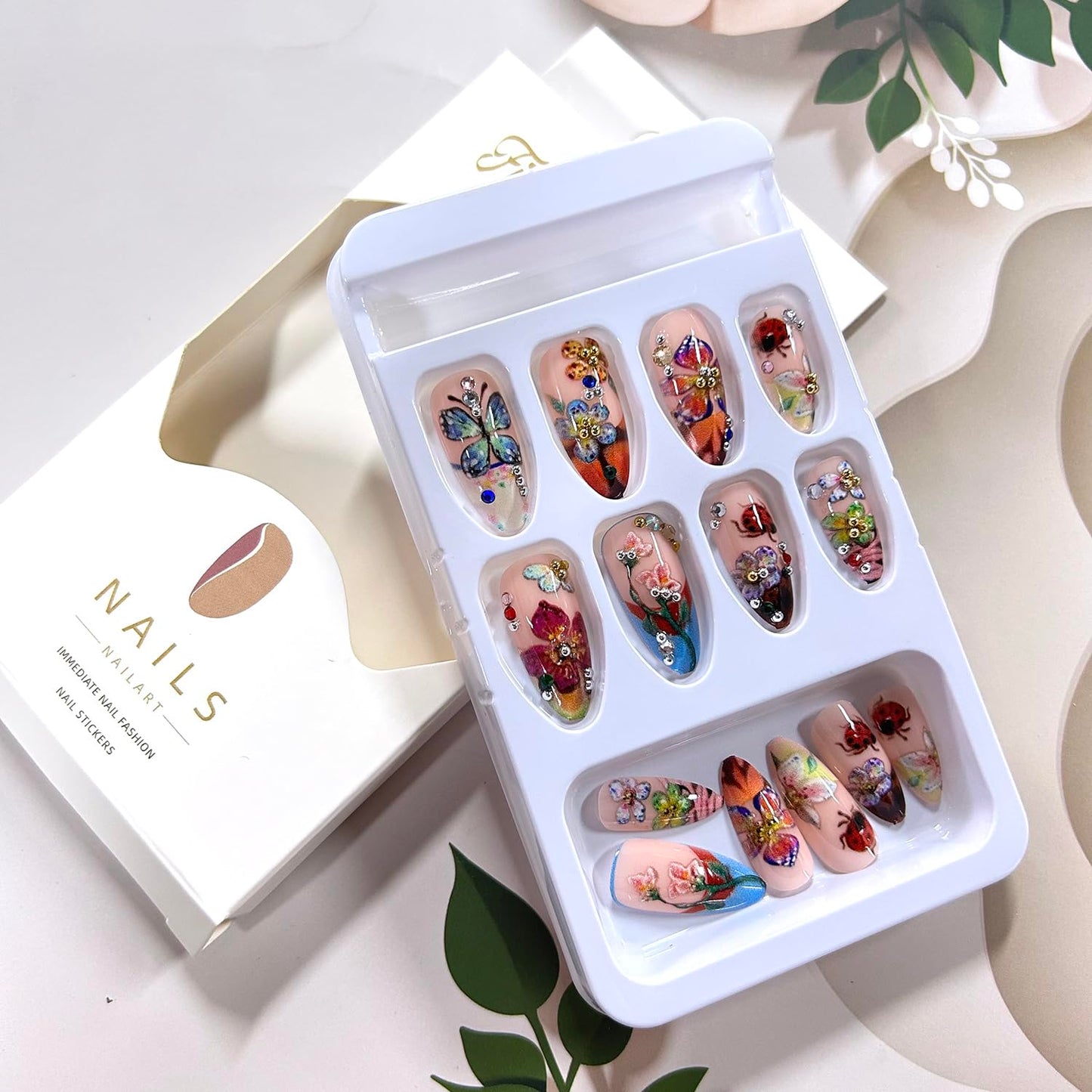 French Tip Press on Nails Medium Almond Shaped Colorful Flower and Butterfly Pattern Design Rhinestones False Nail Blossom Stick on Nail Full Cover Press Ons Almond Tip Glue on Nails for Women