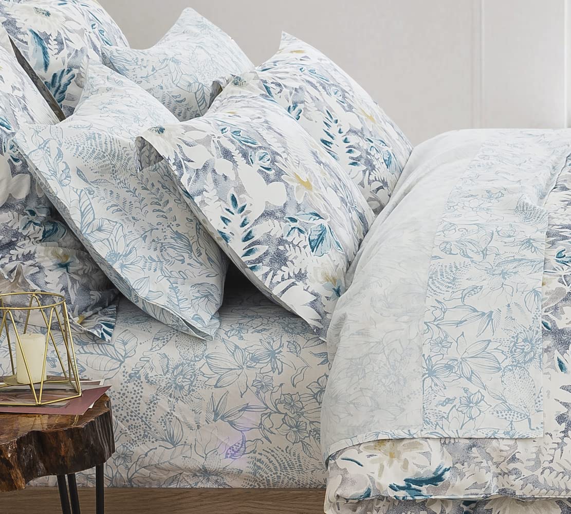 DAUAOTO Cotton Sheets Set King Size 4 Pieces Flower Bedding Sets, Aqua Blue Floral Pattern, Up to 14" Deep