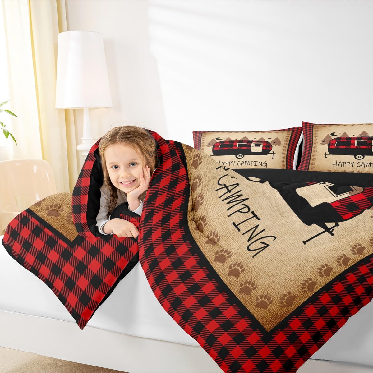 Erosebridal Camping Accessories Comforter Set Retro Farmhouse Bedding King, Black and Red Bedding Comforter Sets Lattice Checked Duvet Set, Kawaii Camper Quilted Comforter Super Cozy 3pcs