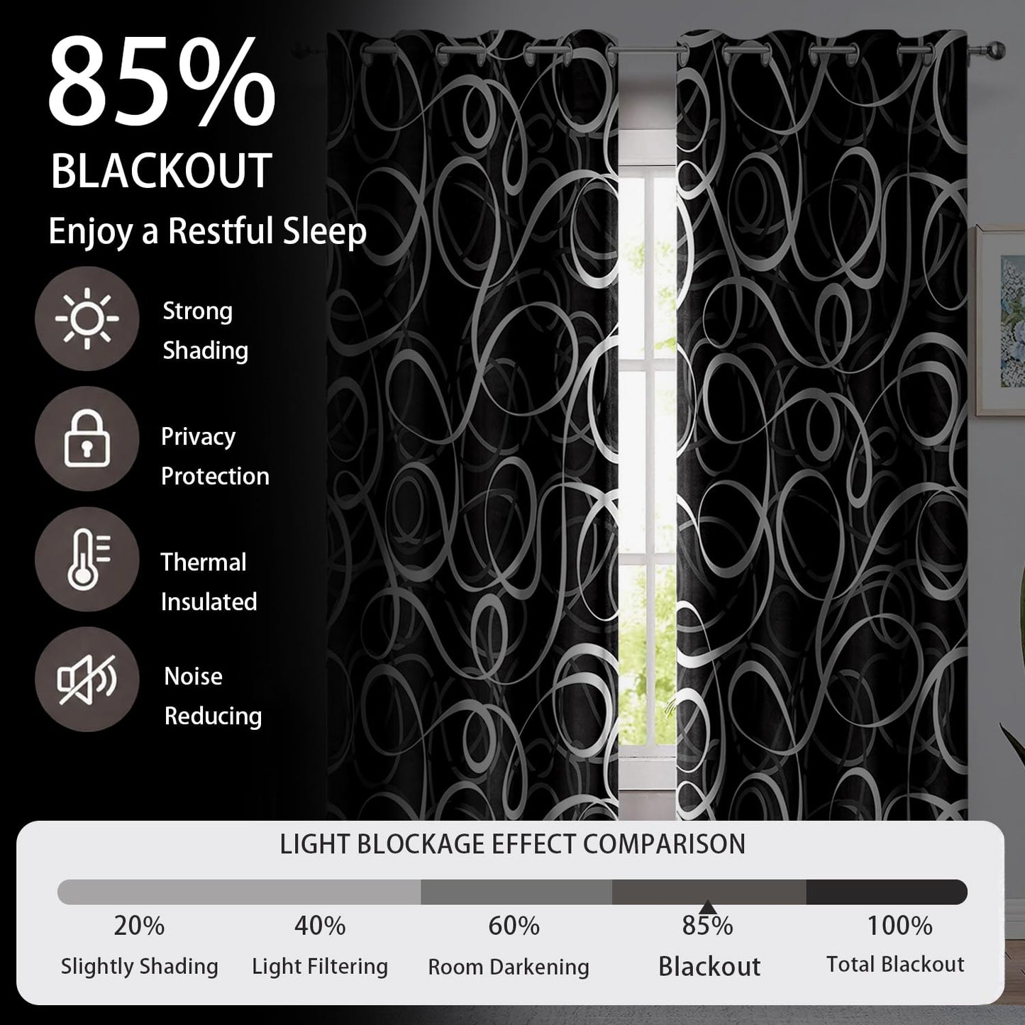 JAZEAOI Black White Geometric Blackout Curtains, Modern Abstract Grey Black Out Window Drapes for Bedroom Living Room Grommet Thermal Insulated Room Darkening Decor, 2 Panels 52x84 Inches