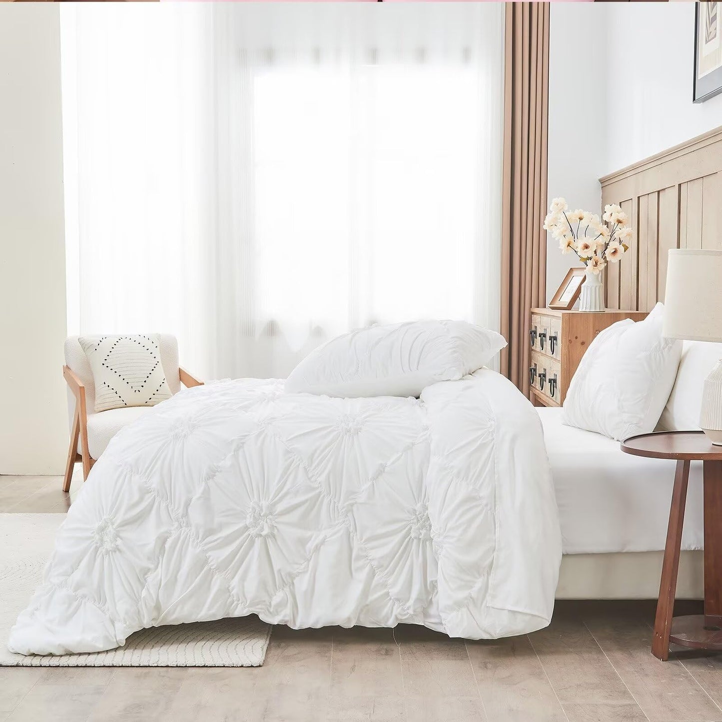 Jameswish White Comforter Set Queen Size Bed in A Bag 7 Piece Pinch Pleat Bedding Set,Pintuck Ruched Flowers Bed Set with Comforter, Sheets, Pillowcases & Shams