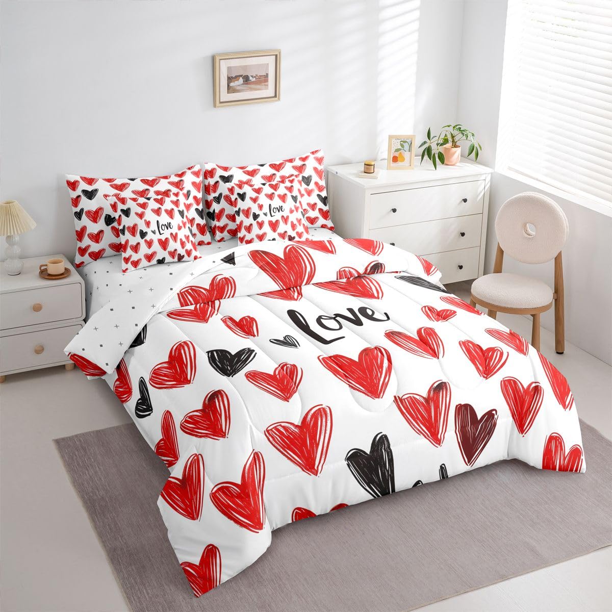Erosebridal Couple Love Comforter Sets with Sheets - Red and Black Love Hearts Bedding Set Full for Boys Girls Romantic Gifts 7Pcs Bed in A Bag Valentines Day Bed Set