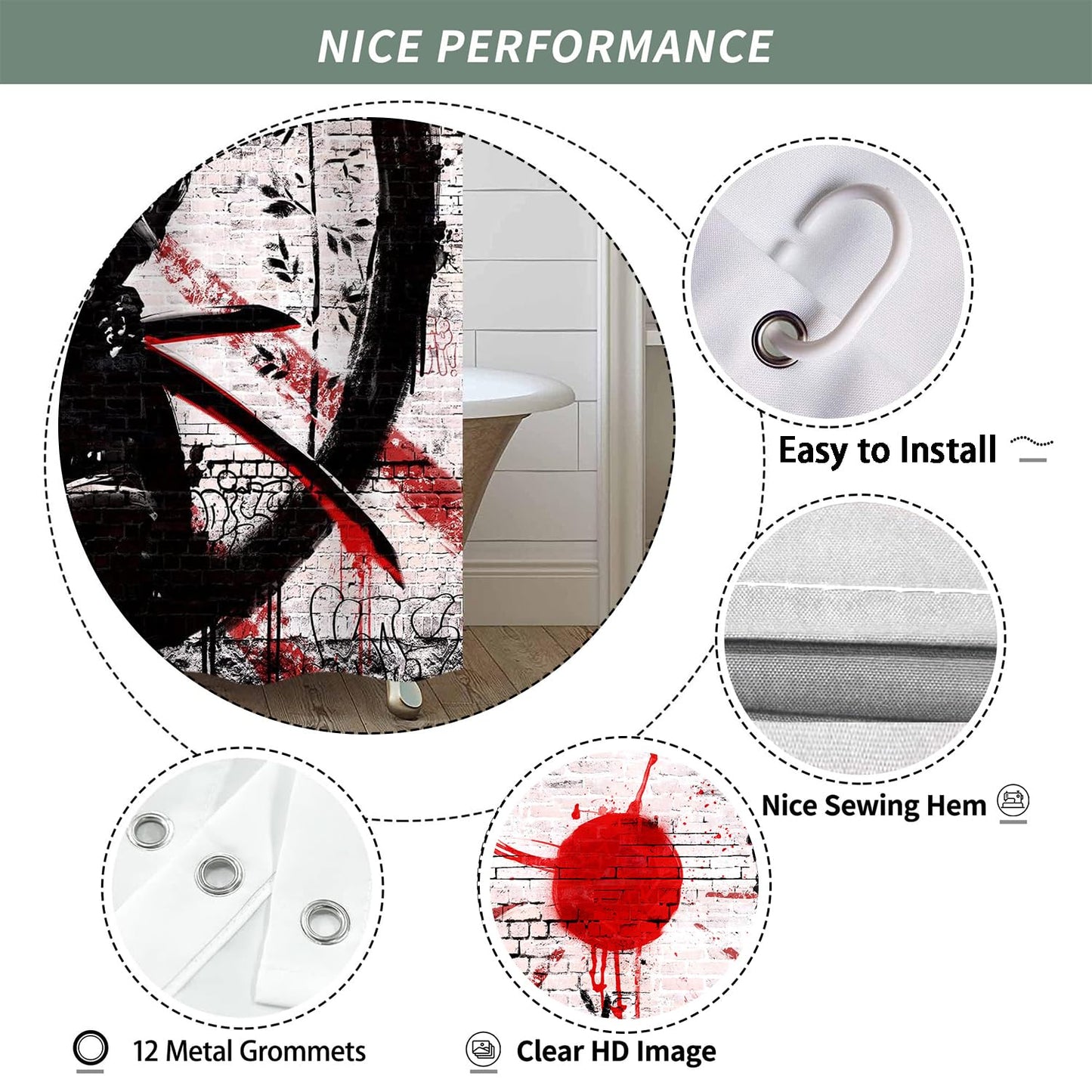 iTapnoom Japanese Samurai Shower Curtain, Asian Japan Cool Anime Red and Black Men Shower Curtains Set Sun Moon Art Fabric for Bathroom Decor Bath Accessories with Hooks 72X72 inch