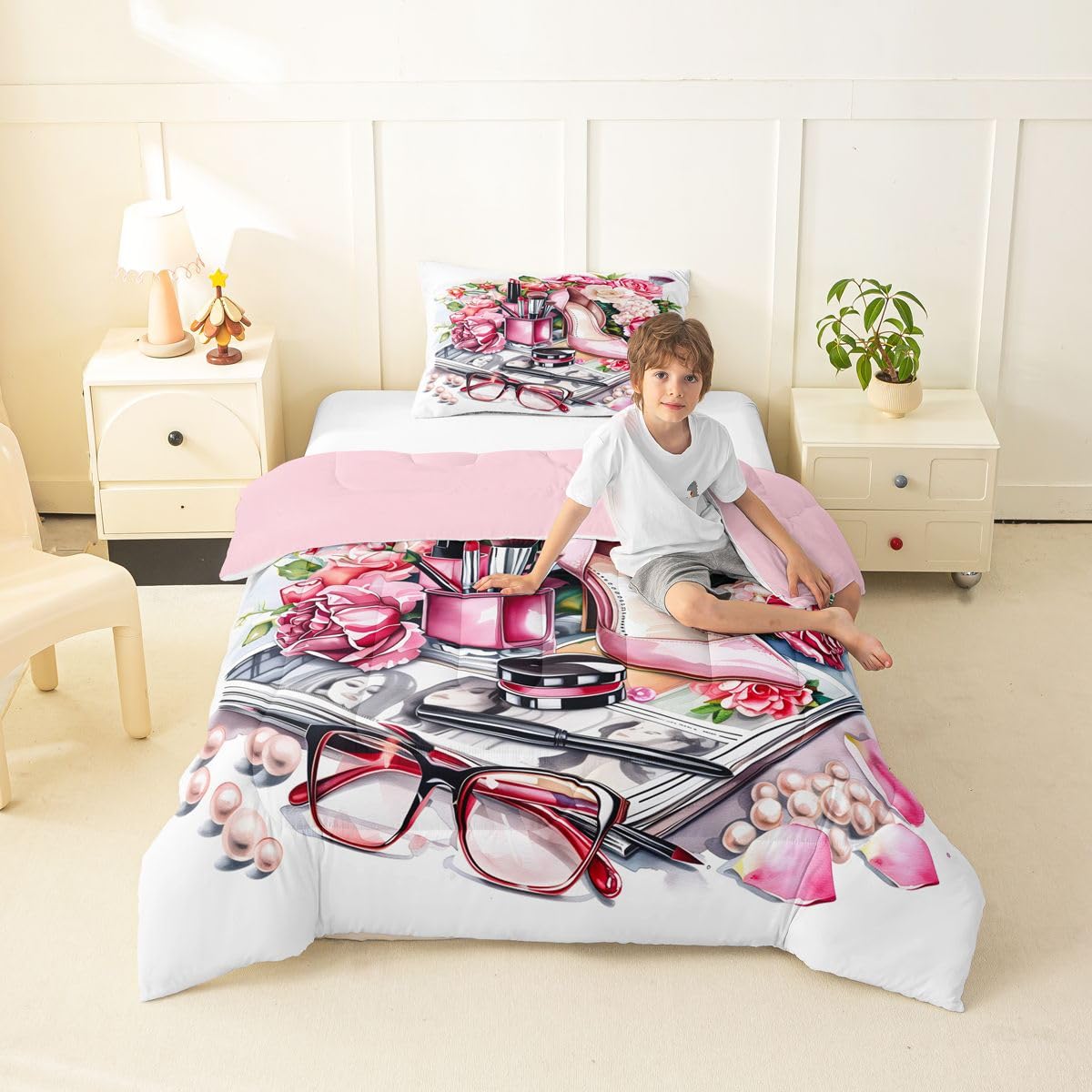 Erosebridal Pink High Heel Comforter Set Romantic Rose Floral Twin Bedding Sets for Girls Young Boys Beauty Perfume Girly Comforter Modern Fashion Quilt