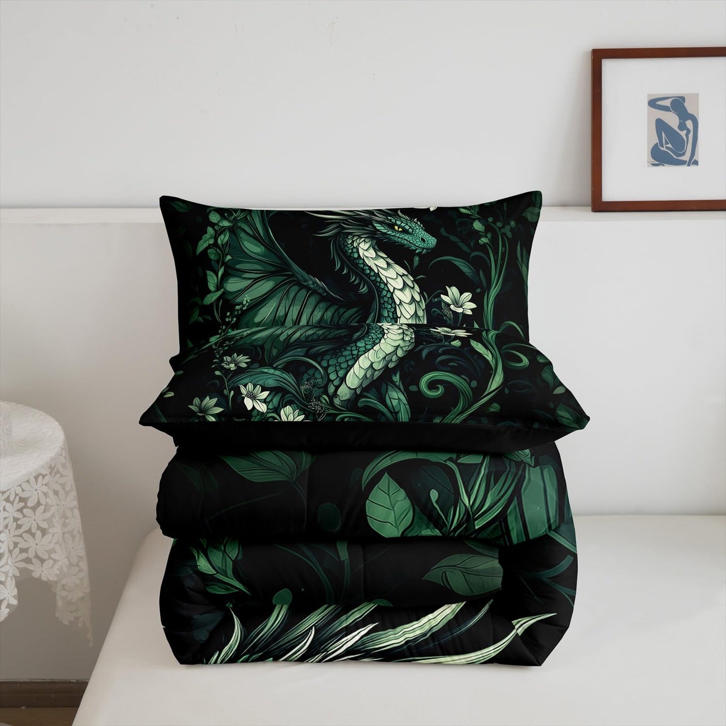 Exotic Dragon Kids Toddler Comforter Sets,Vintage Jungle Wildlfie Reversible Bedding Set for Boys Men Children,Green Leaves Flowers 2 Pieces Quilt Sets,Mystery Safari Animal Duvet Insert,1 Pillow Case