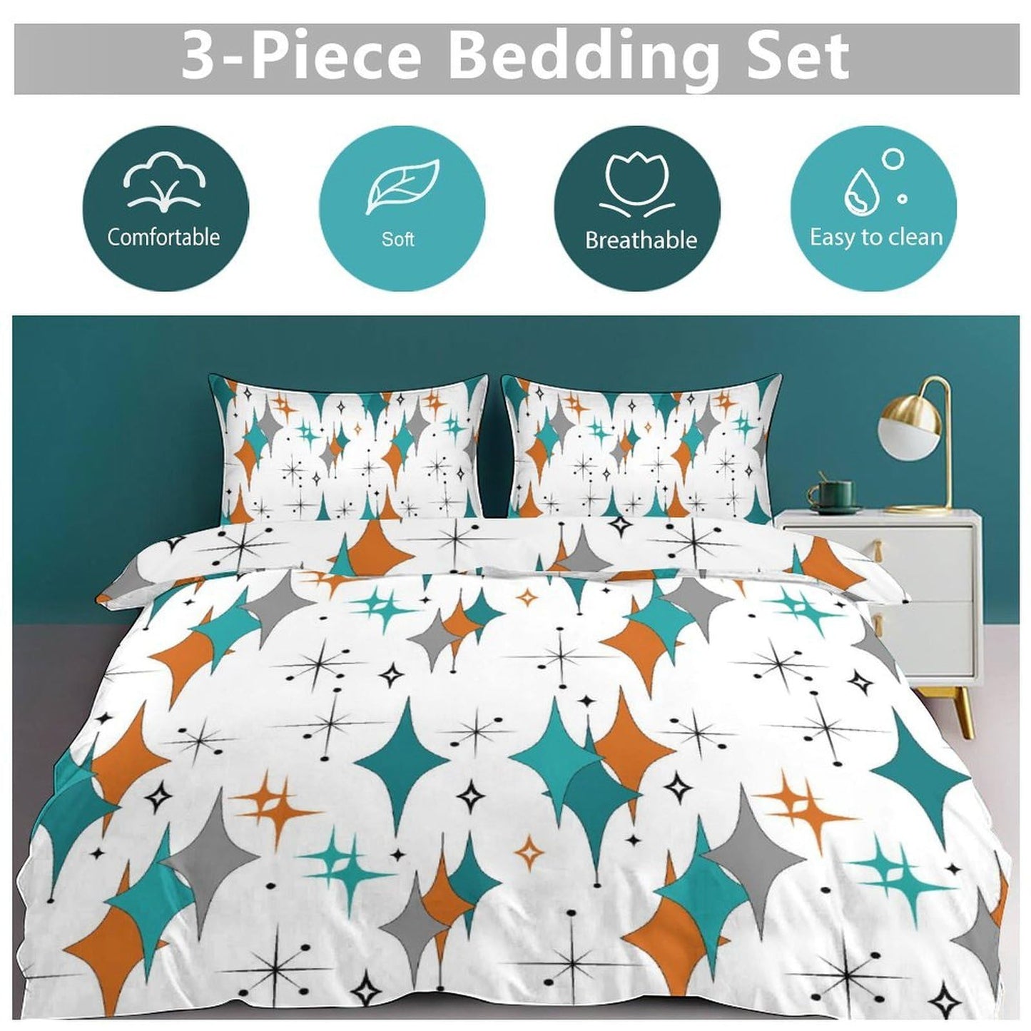 Lnepty Mid Century Bedding Set,Modern Orange Blue Abstract Atomic Geometric Pattern Retro 1950s 1960s Style Comforter Set with Pillowcase for Bedroom Bed Decor，Twin 86"x70"