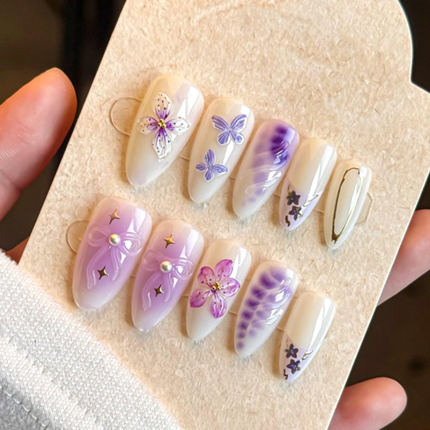 24Pcs Gradient Purple Flower Press on Nails Medium Almond Fake Nails with Floral Butterfly Star Designs Glossy French Nails Tip with 3D Floral & Pearl Nail Art Handmade False Nails for Women