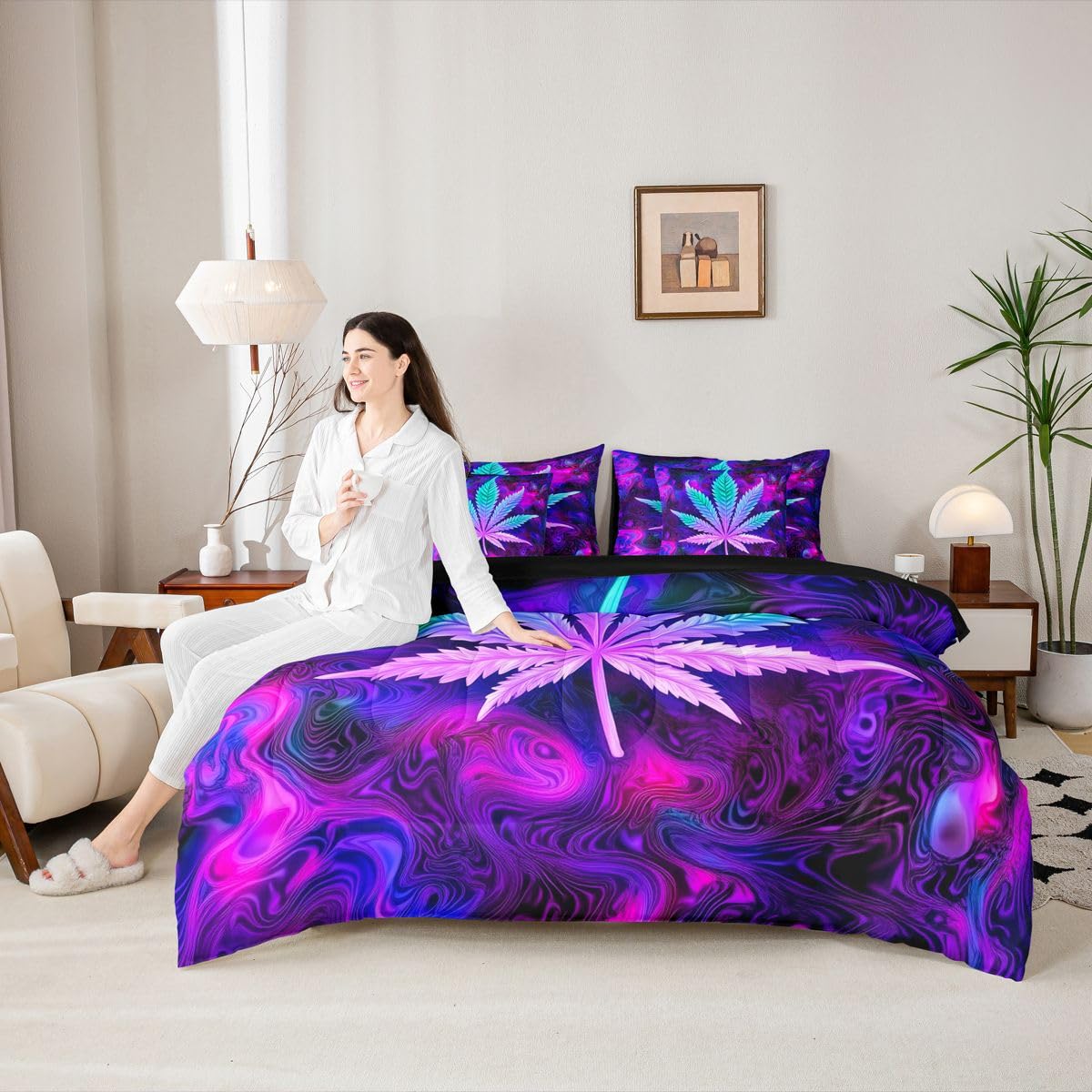 Erosebridal Purple Black Queen Size Comforter Set,Hippie Leaf 7-Piece Bed in A Bag,Leaves Galaxy Sheets and Pillowcases,Botanical Weed Bedding Set Room Decor