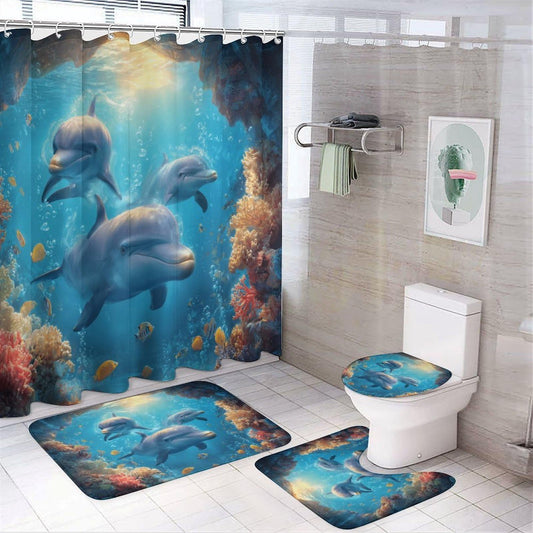 INSFBRB Cute Colorful Dolphin Shower Curtain Set,Realistic Rustic Ocean Underwater World Coral Dolphins Animal Fish 4 Pcs Bathroom Decor Accessories with 12 Hooks