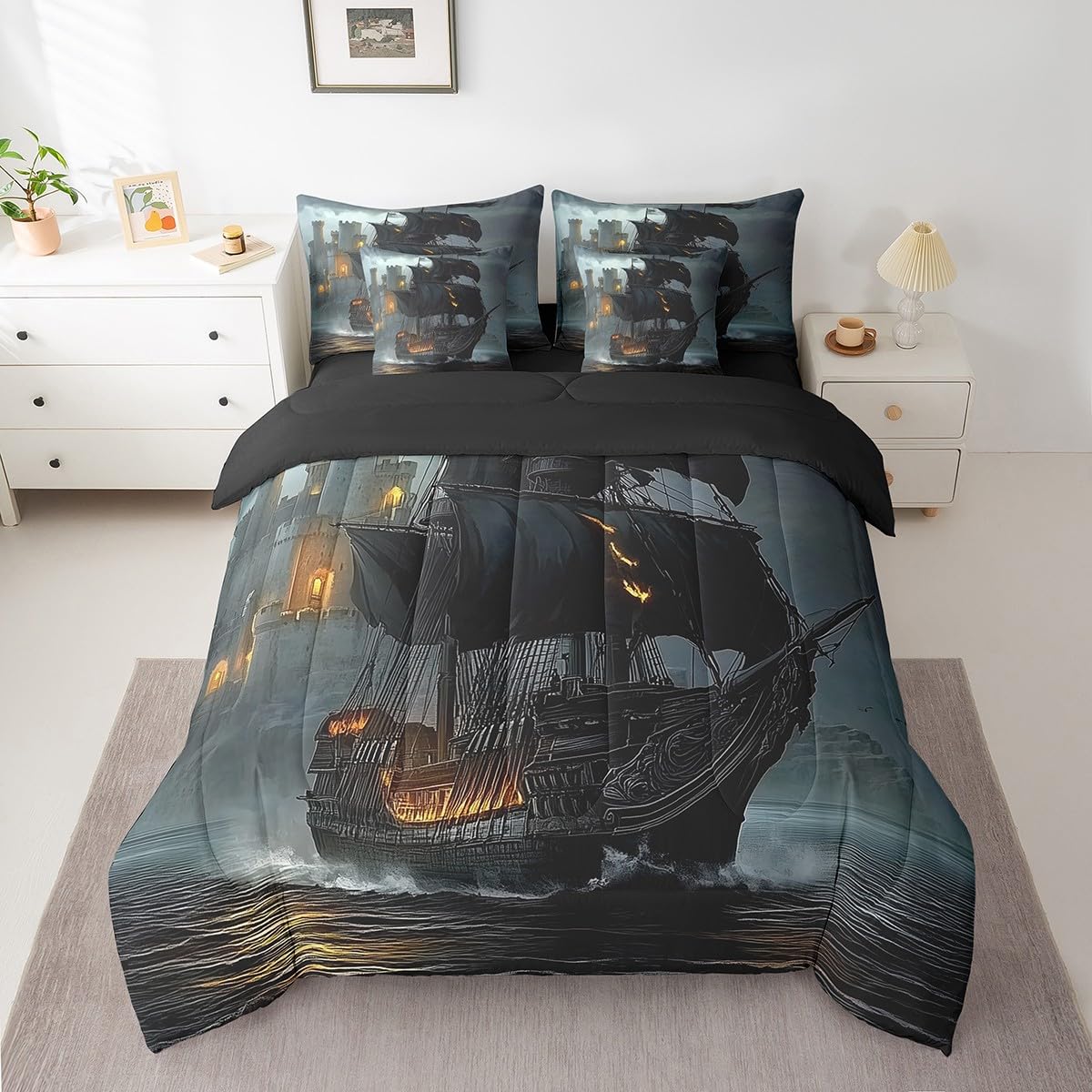 Feelyou Pirate Ship Comforter Set 7 Pieces Twin Size Moonlight Ocean Sea Bedding Set for Boys Girls Coastal Bed in a Bag with Comforter, Sheets, Pillowcases & Cushion Covers