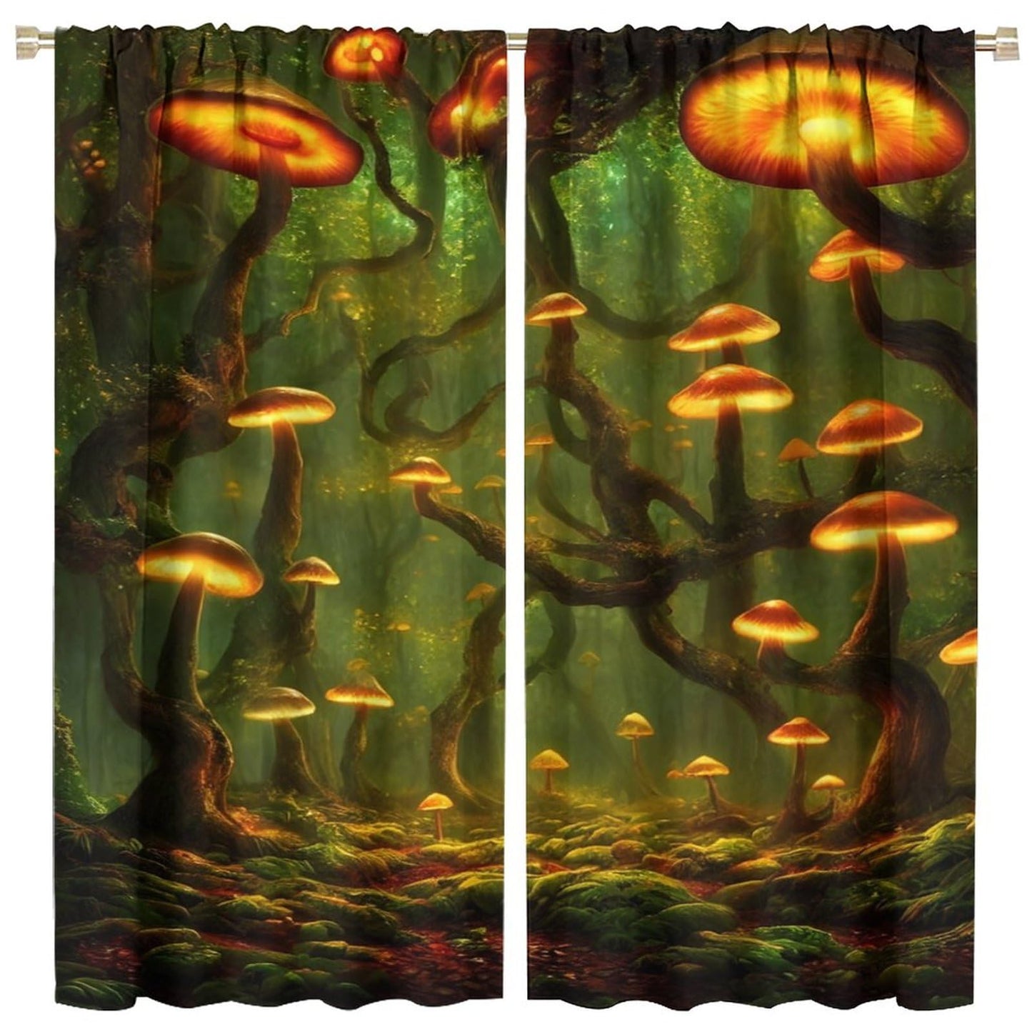 Fantasy Mushrooms Blackout Curtains,Forest Misty Jungle Background Gothic Style Room Darkening Door Window Rod Pocket Curtain for Living Room Bedroom W42xL45in