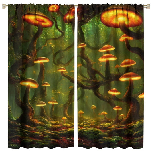 Fantasy Mushrooms Blackout Curtains,Forest Misty Jungle Background Gothic Style Room Darkening Door Window Rod Pocket Curtain for Living Room Bedroom W42xL45in