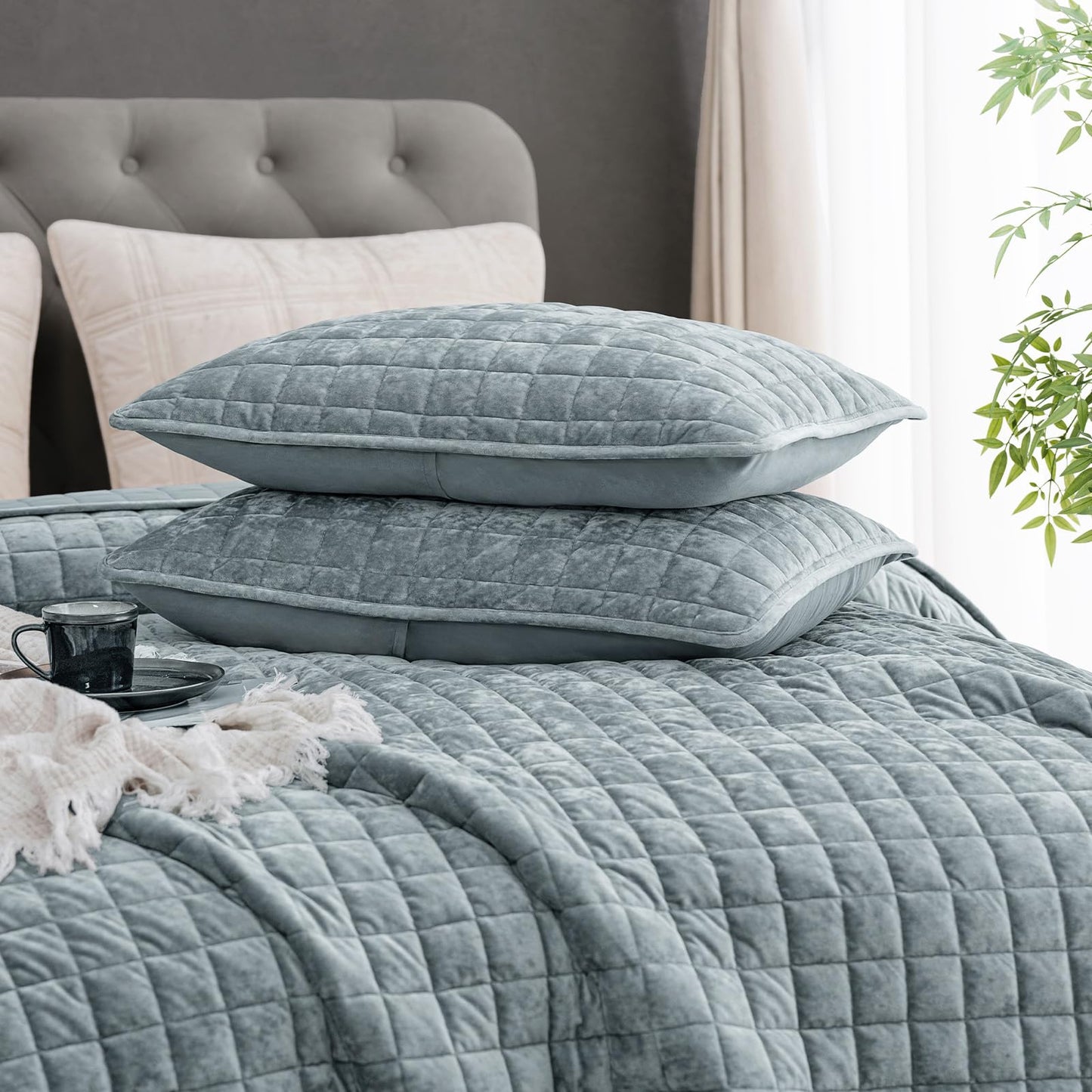 PHF Luxurious Velvet Quilt Set Queen Size – 3PCS Super Soft Quilted Comforter Alternative with Square-Box Quilt Pattern, Warm Quilted Bedspread Coverlet, 90" x 92", Dusty Blue