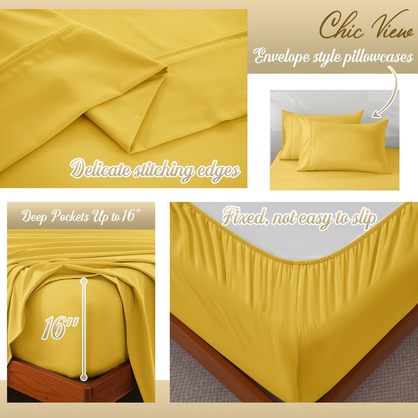 ChicView Full Sheet Set,4 Pieces Hotel Luxury Breathable Soft Microfiber Bedsheets, Anti Pilling Deep Pockets Easy Care Bed Sheets, Yellow