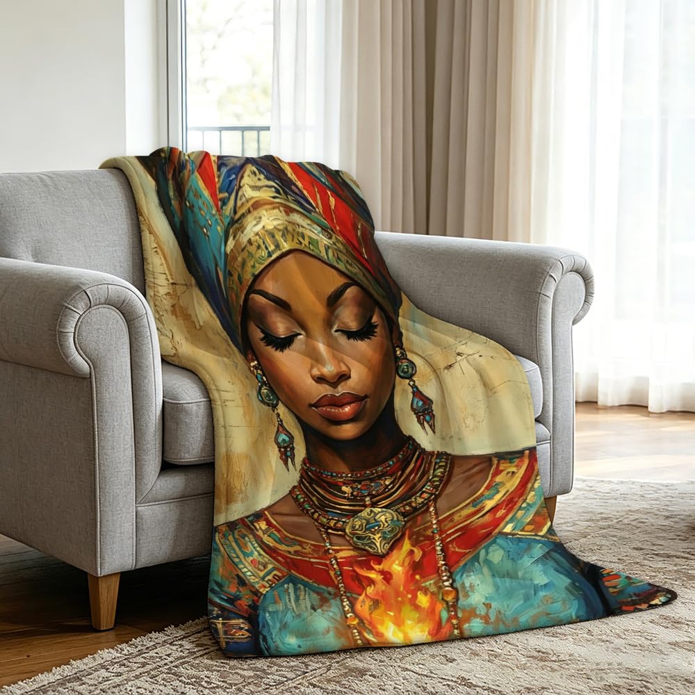 HUNXIAOJ African American Throw Blanket Black Girl Blanket African Gifts for Women Tribal Bedding Ethnic Decor Warm Soft Flannel for Sofa Couch (49in x 59in)