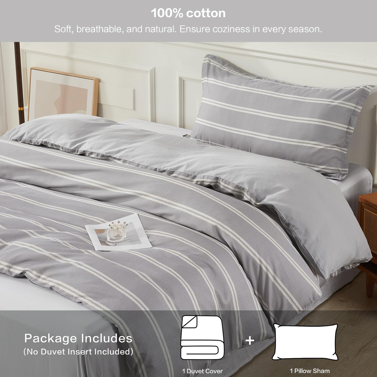 SAPHREAS Boy Gray Stripes Duvet Cover Set Twin Size 2pcs Dark Grey Streak Bedding Comforter Cover Set 1 Duvet Cover 1 Pillow Sham