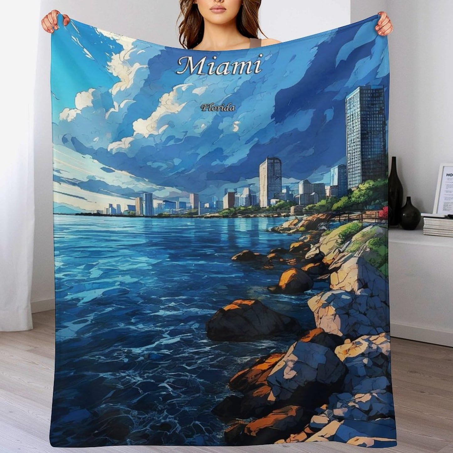 Miami Florida City Skyline Landscape Abstract Blanket Soft Flannel Lightweight Blanket Outdoor Travel Carry Living Room Bedroom Sofa Decoration Gifts 50x60 Inch